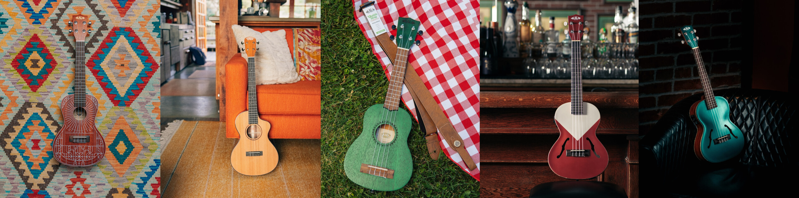 A collage of 5 images each showing a ukelele in different places